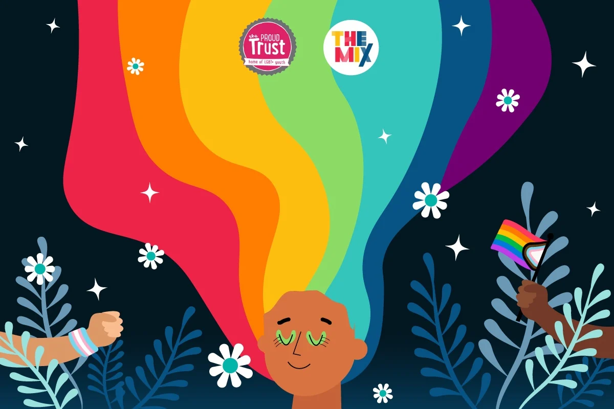 A young person is illustrated like a mermaid underwater with rainbow hair, representing the narratives of LGBT+ history